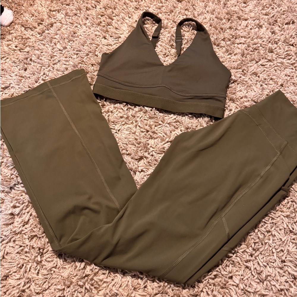 Fabletics Olive Green Sports Bra and Flares Leggings Set